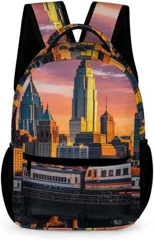 Backpack for Women Men Sunset Bridge Skyscraper Backpack Travel Laptop Backpack Lightweight Bookbag Casual Daypack