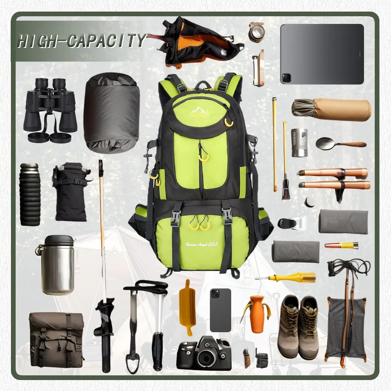 Backpack Hiking Camping Backpack Daypack 40L 50L 60L Water Resistant Lightweight Travel Backpack For Wemen Men (Fluorescent Green, 60L)