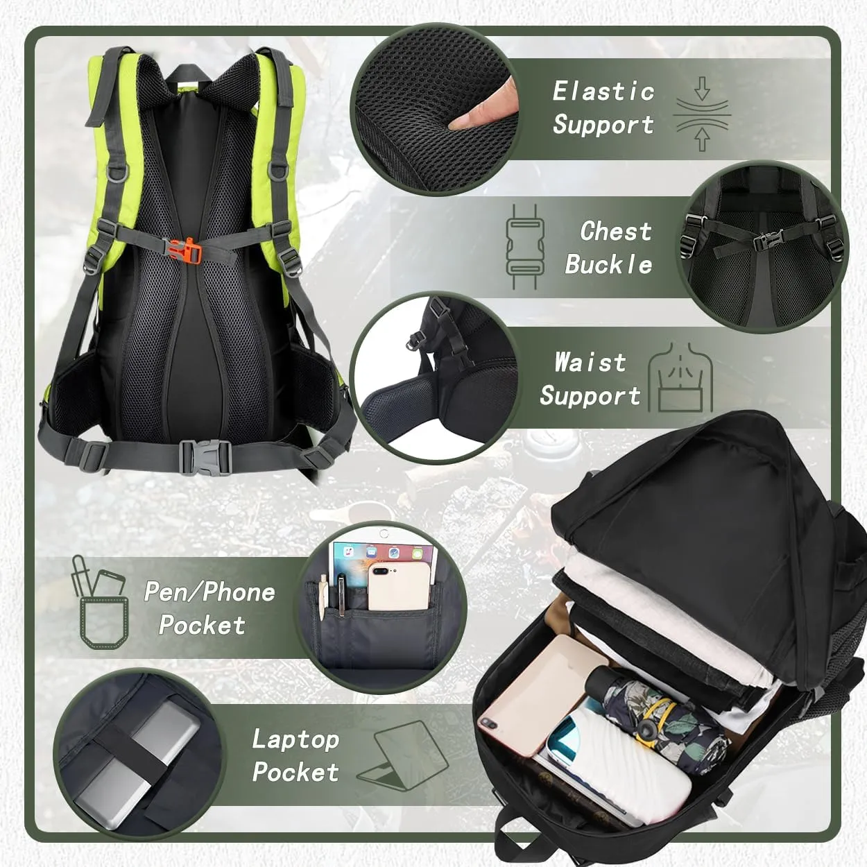 Backpack Hiking Camping Backpack Daypack 40L 50L 60L Water Resistant Lightweight Travel Backpack For Wemen Men (Fluorescent Green, 60L)