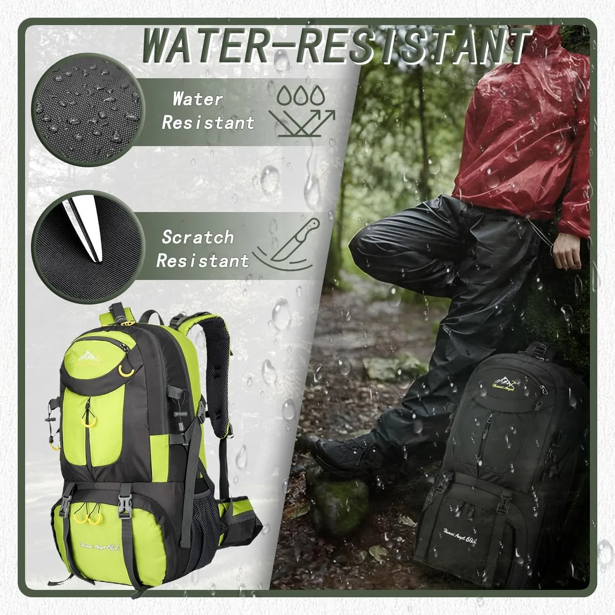 Backpack Hiking Camping Backpack Daypack 40L 50L 60L Water Resistant Lightweight Travel Backpack For Wemen Men (Fluorescent Green, 60L)