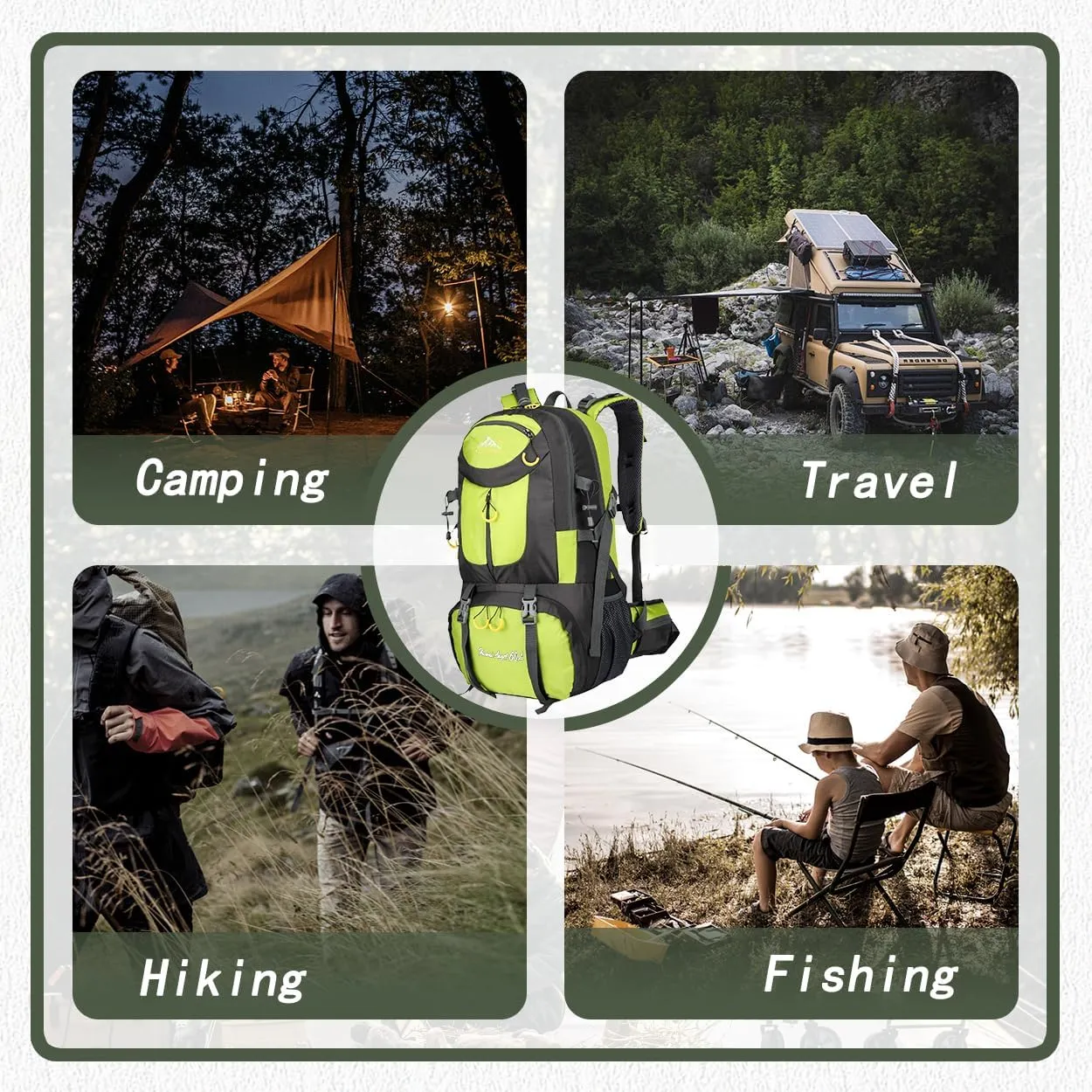 Backpack Hiking Camping Backpack Daypack 40L 50L 60L Water Resistant Lightweight Travel Backpack For Wemen Men (Fluorescent Green, 60L)