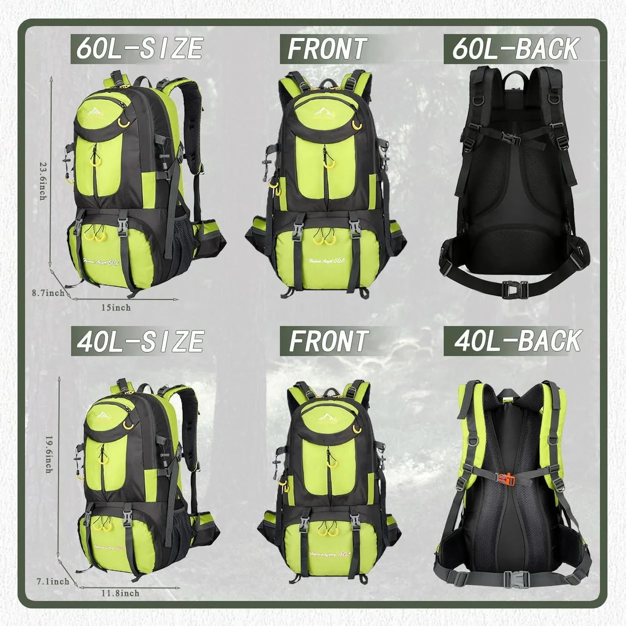 Backpack Hiking Camping Backpack Daypack 40L 50L 60L Water Resistant Lightweight Travel Backpack For Wemen Men (Fluorescent Green, 60L)