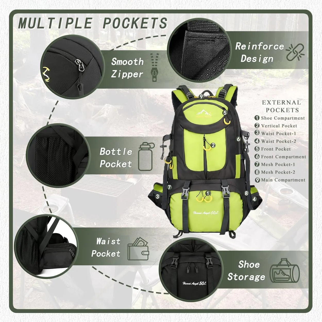 Backpack Hiking Camping Backpack Daypack 40L 50L 60L Water Resistant Lightweight Travel Backpack For Wemen Men (Fluorescent Green, 60L)