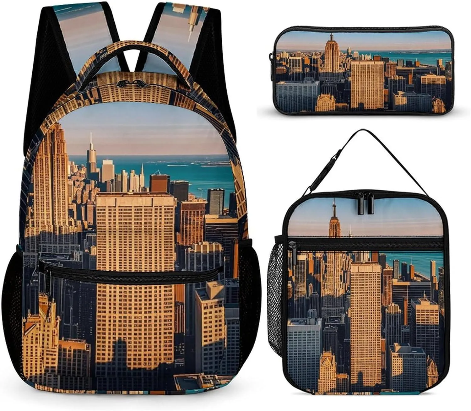 Backpack Lunch Bag Pencil Pouch Set, High Rise Buildings, Skyscrapers Print Lightweight & Durable 3-Piece Combo Ideal for Work, And Travel
