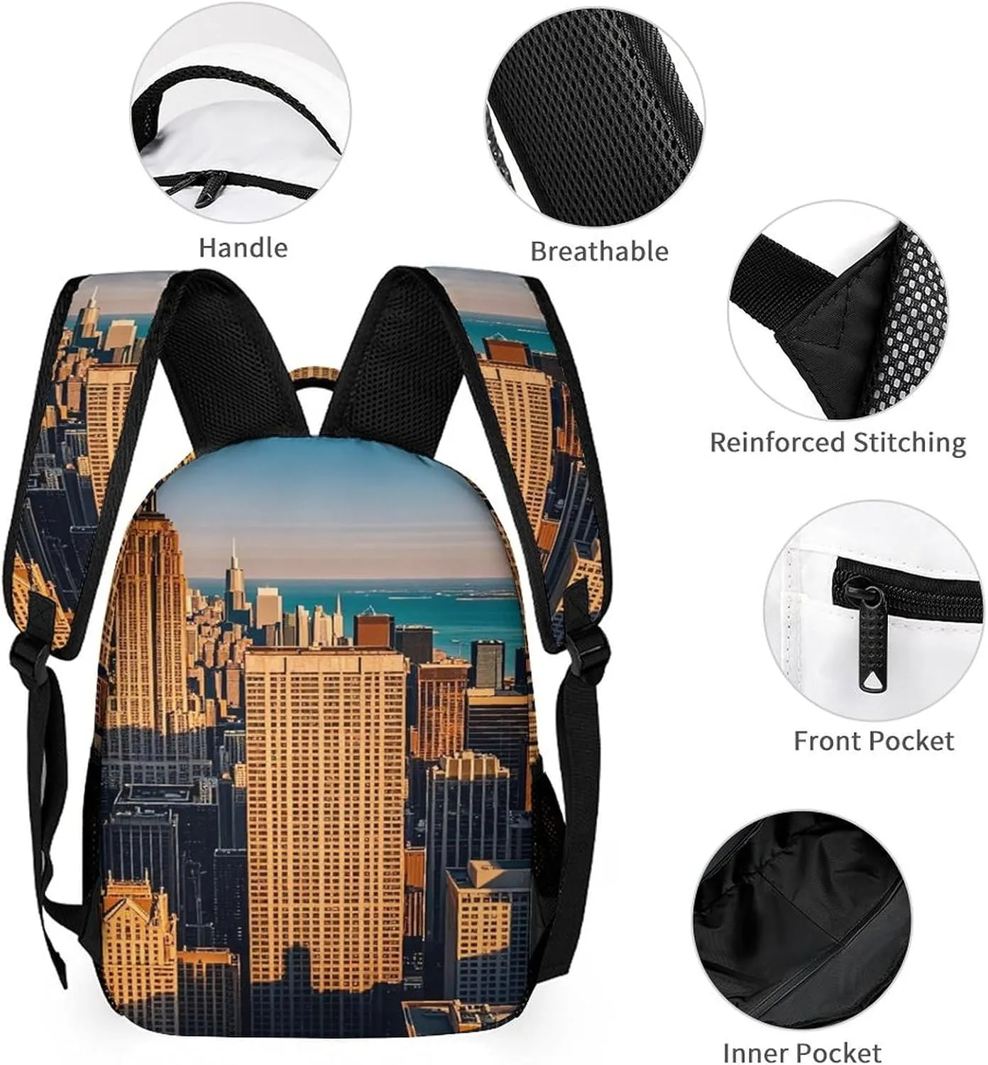 Backpack Lunch Bag Pencil Pouch Set, High Rise Buildings, Skyscrapers Print Lightweight & Durable 3-Piece Combo Ideal for Work, And Travel