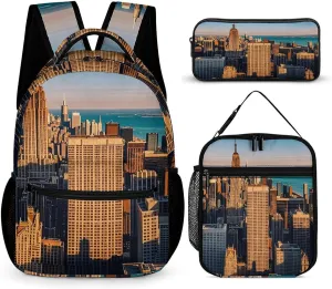 Backpack Lunch Bag Pencil Pouch Set, High Rise Buildings, Skyscrapers Print Lightweight & Durable 3-Piece Combo Ideal for Work, And Travel