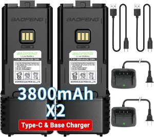 BAOFENG 5RM 3800mAh Extended Battery High Capacity Rechargeable Li-ion Battery USB-C Desktop Charger for Ham Radio Compatible with BF-F8HP PRO GM-5RH AR-5RM Series Walkie Talkies Accessories,2 Pack