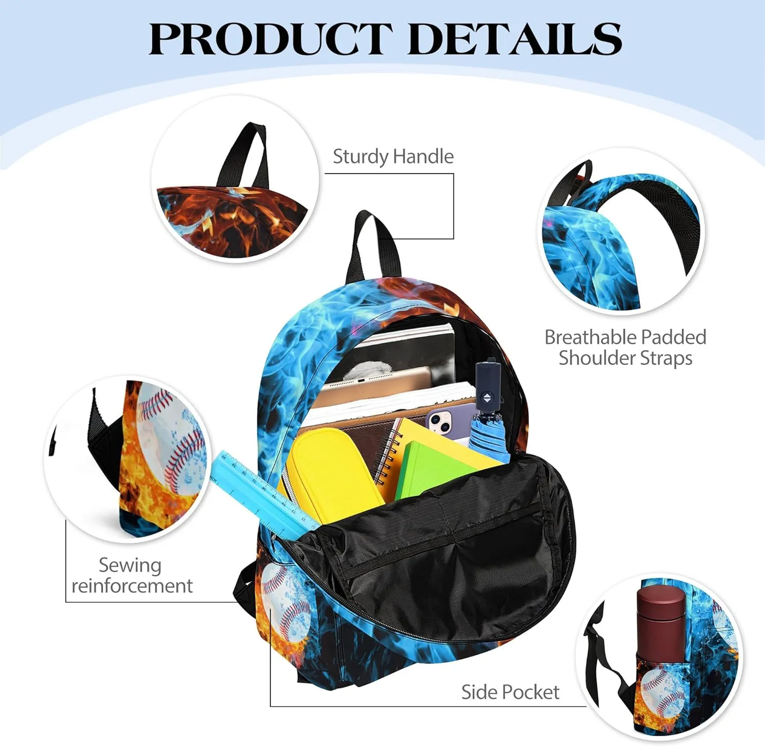 Baseball Printed Backpack Set for Boys Kids, 3Pcs Bookbag with Pencil Case for school, 17 Inch Lightweight Laptop Backpack with Lunch Bag for Mens Teens Office, High School