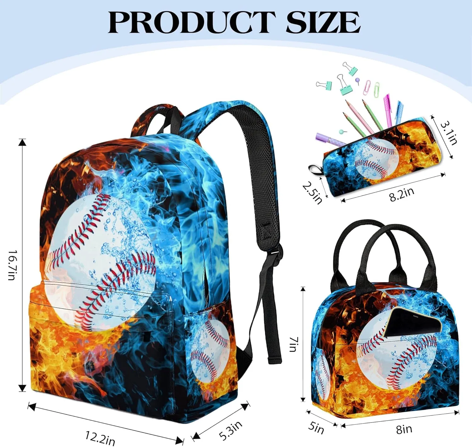 Baseball Printed Backpack Set for Boys Kids, 3Pcs Bookbag with Pencil Case for school, 17 Inch Lightweight Laptop Backpack with Lunch Bag for Mens Teens Office, High School