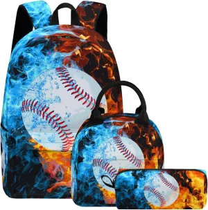 Baseball Printed Backpack Set for Boys Kids, 3Pcs Bookbag with Pencil Case for school, 17 Inch Lightweight Laptop Backpack with Lunch Bag for Mens Teens Office, High School