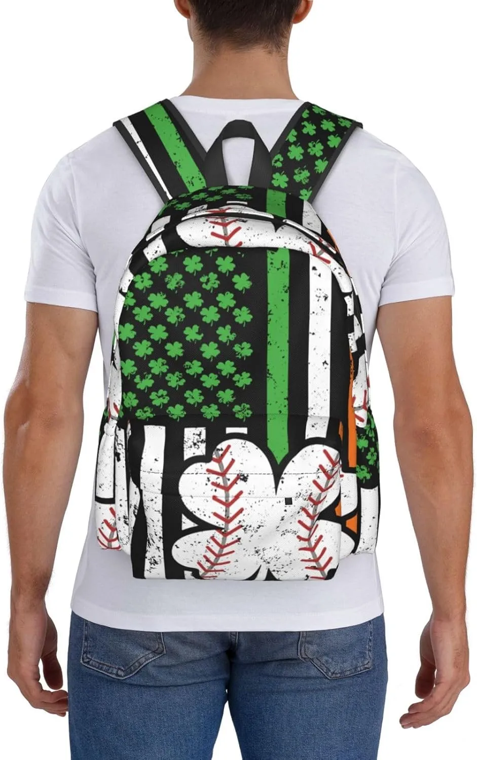 Baseball St Patrick Day Irish American Ireland Flag Shamrock Backpack Casual Laptop Backpack Large Capacity Double Shoulder Bag Travel Daypack For Women Men