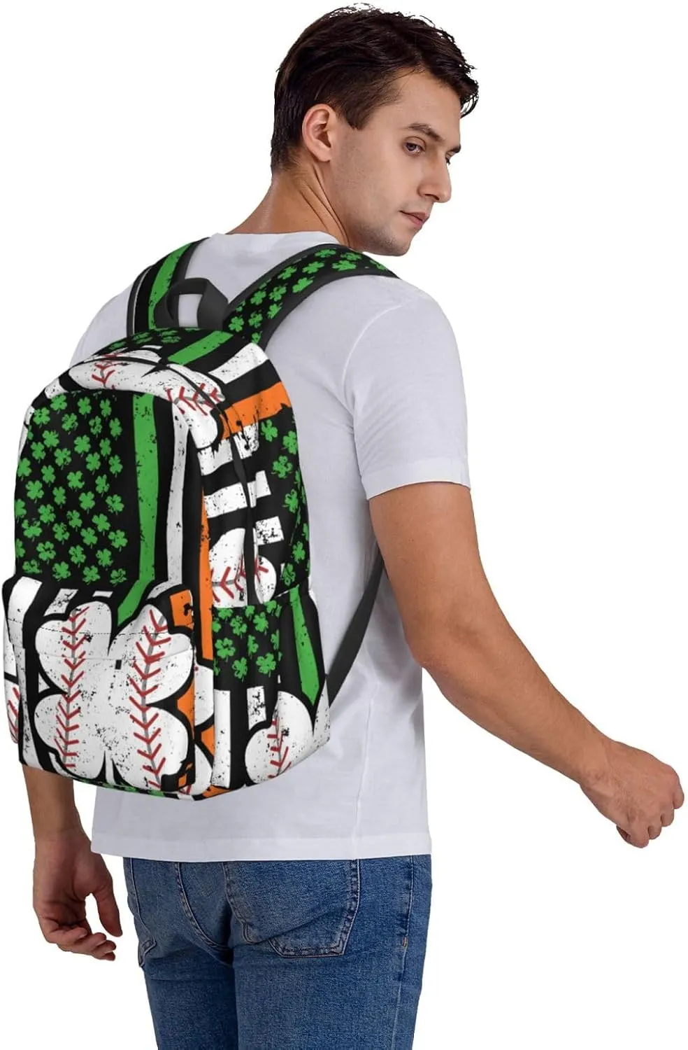 Baseball St Patrick Day Irish American Ireland Flag Shamrock Backpack Casual Laptop Backpack Large Capacity Double Shoulder Bag Travel Daypack For Women Men