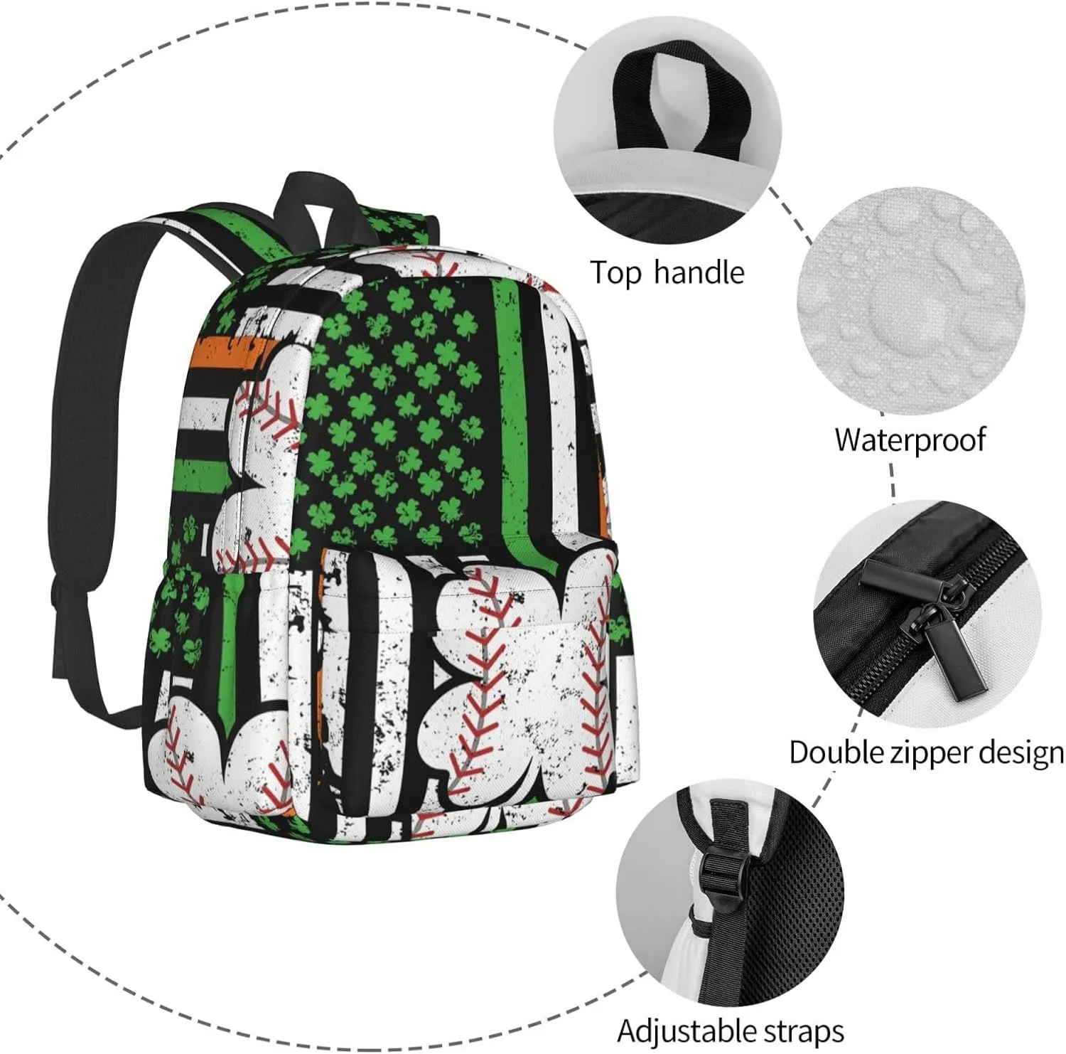 Baseball St Patrick Day Irish American Ireland Flag Shamrock Backpack Casual Laptop Backpack Large Capacity Double Shoulder Bag Travel Daypack For Women Men