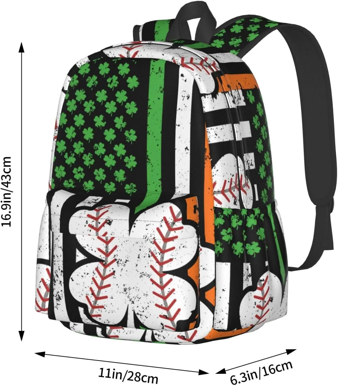 Baseball St Patrick Day Irish American Ireland Flag Shamrock Backpack Casual Laptop Backpack Large Capacity Double Shoulder Bag Travel Daypack For Women Men