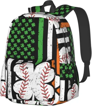 Baseball St Patrick Day Irish American Ireland Flag Shamrock Backpack Casual Laptop Backpack Large Capacity Double Shoulder Bag Travel Daypack For Women Men