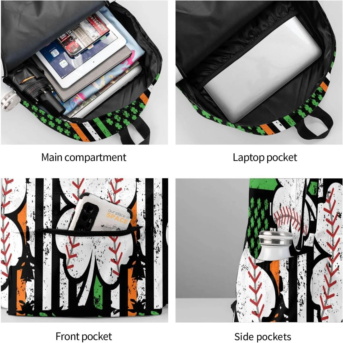 Baseball St Patrick Day Irish American Ireland Flag Shamrock Backpack Casual Laptop Backpack Large Capacity Double Shoulder Bag Travel Daypack For Women Men
