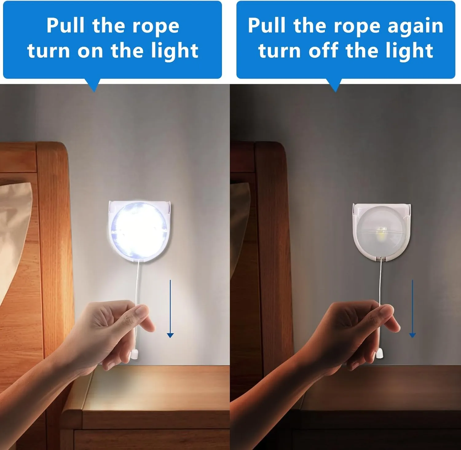 Battery Operated Light Bulb with Pull Chain, 2 Pack Wireless Stick-Up LED Closet Light Bulb, Self Adhesive Wall Mounted Light Fixture for Cabinet Bedroom Living Room Kitchen, Clear Cover