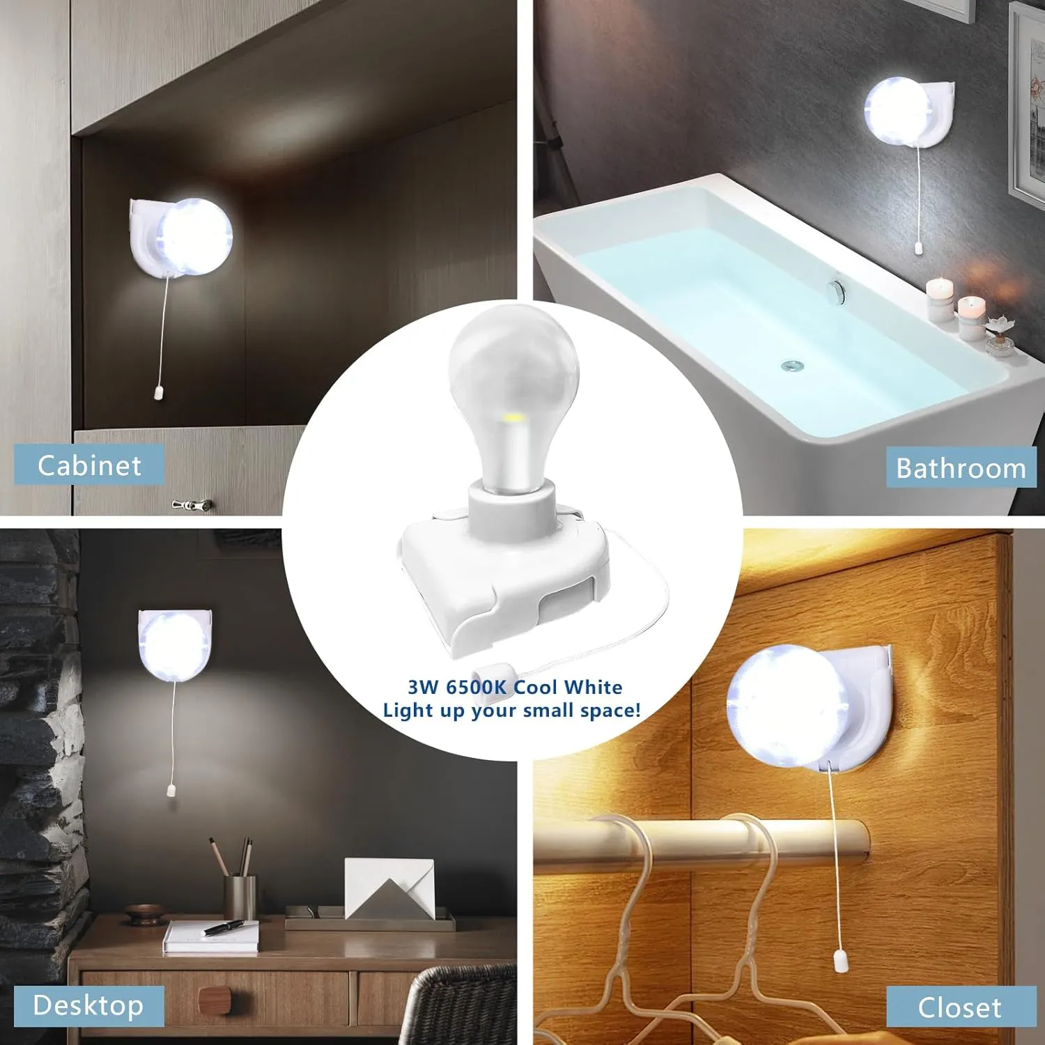 Battery Operated Light Bulb with Pull Chain, 2 Pack Wireless Stick-Up LED Closet Light Bulb, Self Adhesive Wall Mounted Light Fixture for Cabinet Bedroom Living Room Kitchen, Clear Cover