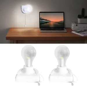 Battery Operated Light Bulb with Pull Chain, 2 Pack Wireless Stick-Up LED Closet Light Bulb, Self Adhesive Wall Mounted Light Fixture for Cabinet Bedroom Living Room Kitchen, Clear Cover