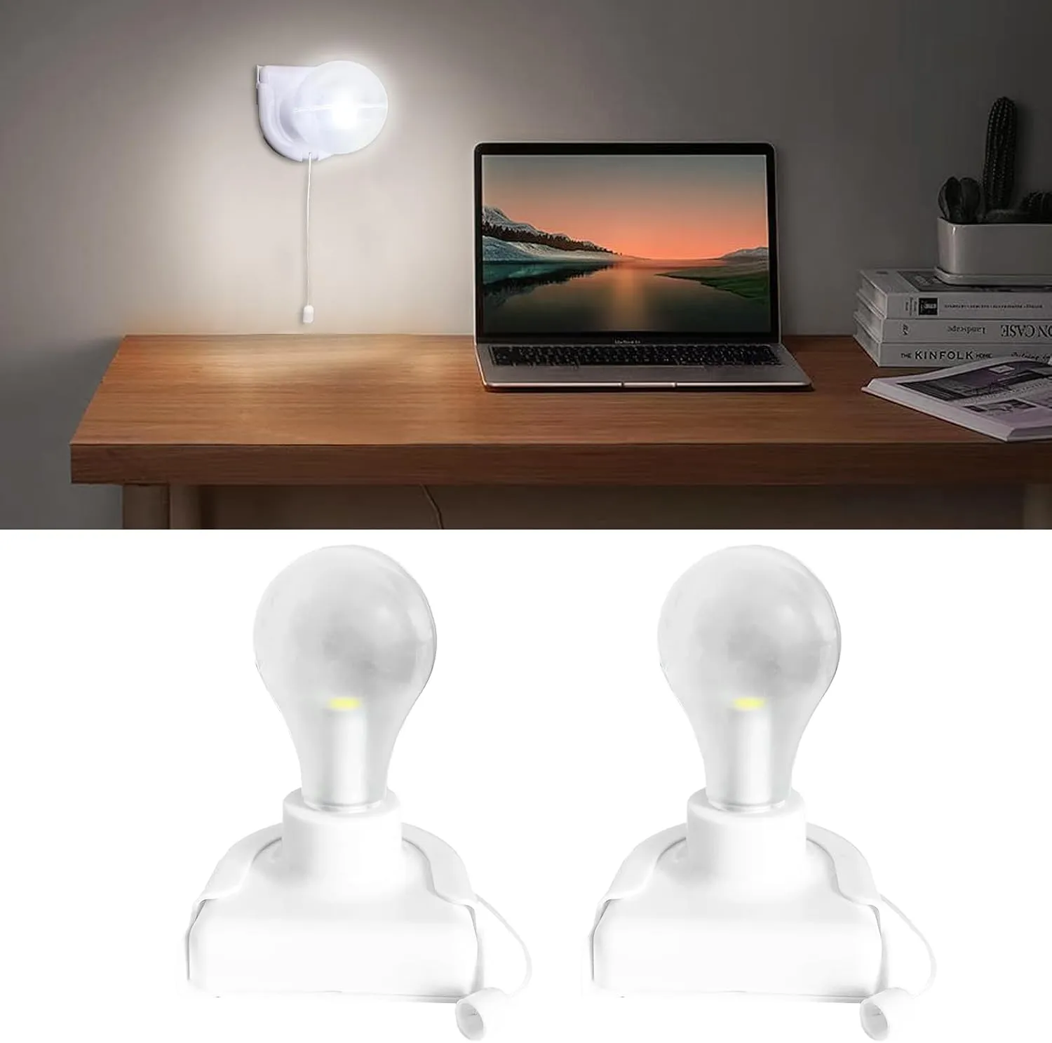 Battery Operated Light Bulb with Pull Chain, 2 Pack Wireless Stick-Up LED Closet Light Bulb, Self Adhesive Wall Mounted Light Fixture for Cabinet Bedroom Living Room Kitchen, Clear Cover