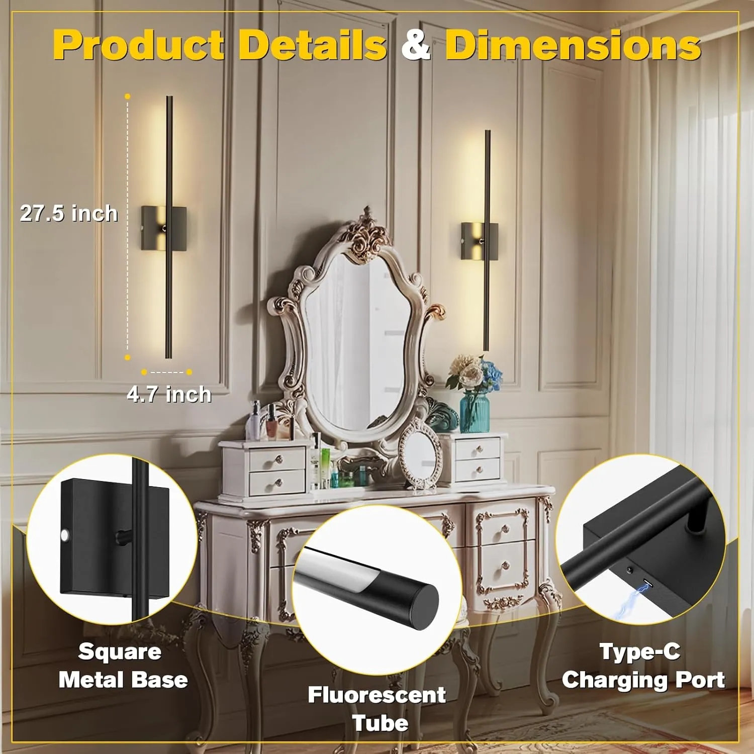 Battery Operated Wall Sconces Set of 2,Wireless Rechargeable Wall Lights: Dimmable Detachable Wall Lamp with Remote Control, 3000K-6500K Infinite Dimming, Wall Sconce for Bedroom Room 27.5 Inch