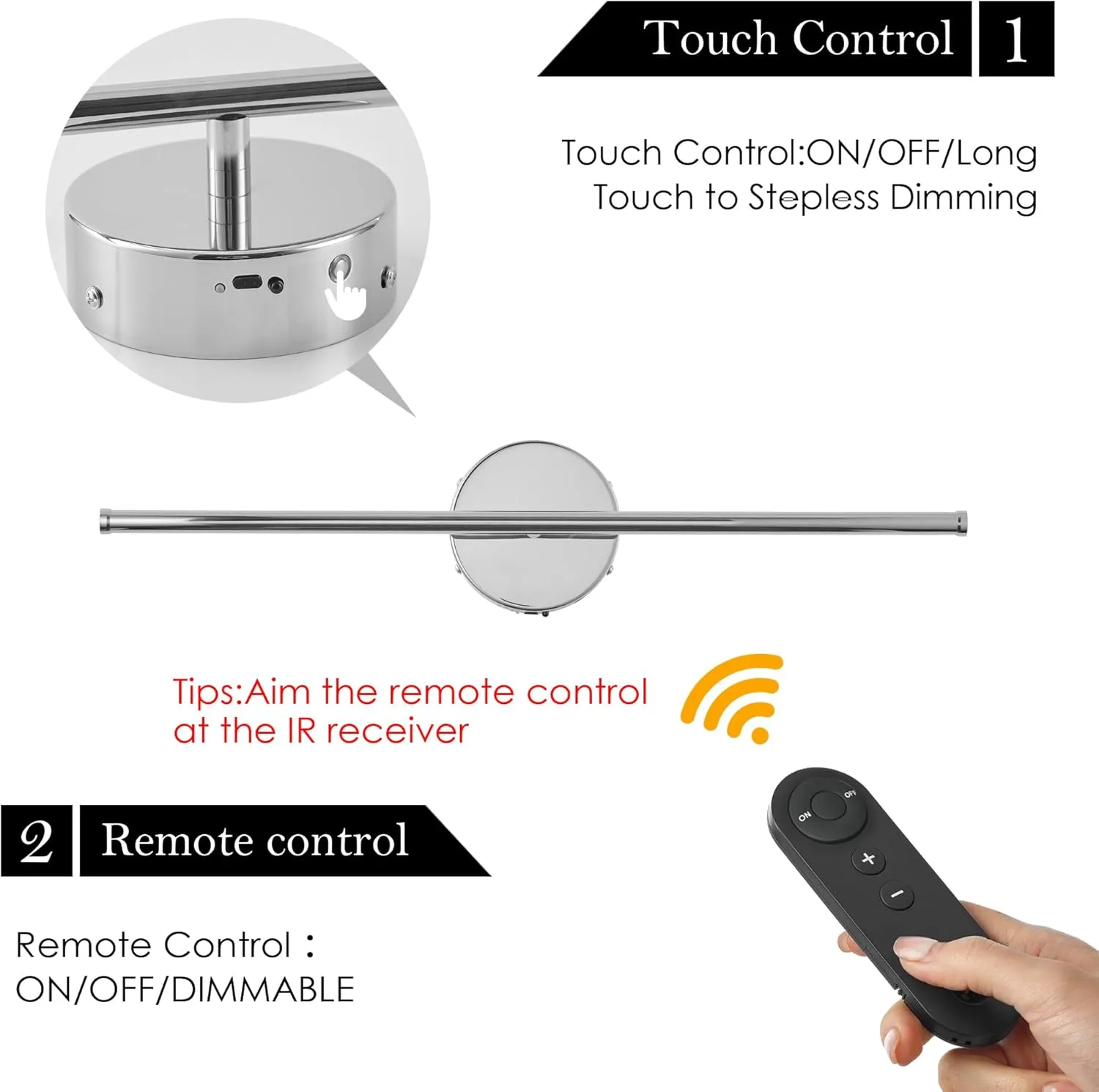 Battery Operated Wall Sconces with Remote Control, Dimmable Wall Sconces Set of Two, 350°Rotate, 3000K LED Chrome Wireless Wall Light for Living Room, Bedroom,Hallway, 20.4 Inch (2 Pack)