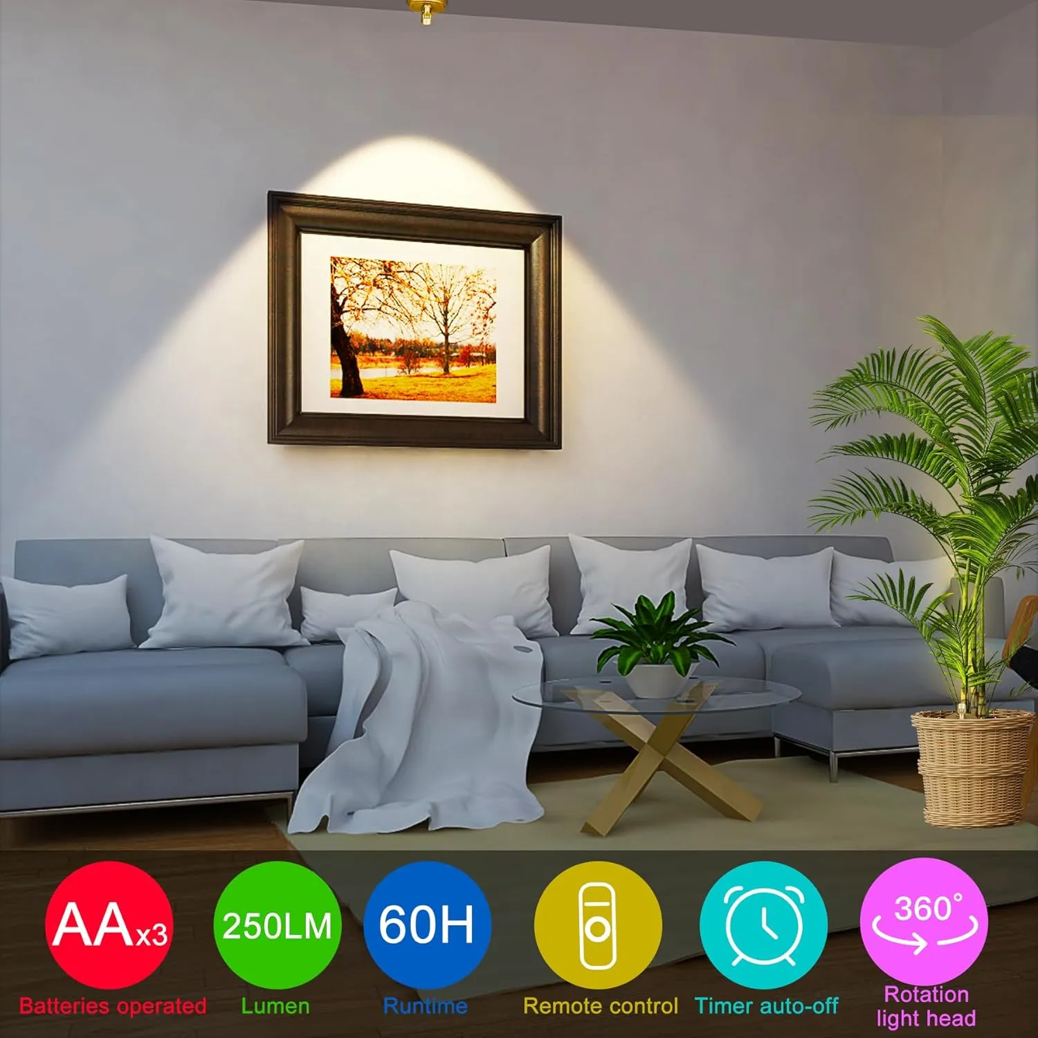 Battery Spotlight Plant Lighting for Tree Indoor with Remote,Wireless Picture Light Painting Light Uplight Downlight,Led Art Display Accent Light for Wall, Puck Lights for Plants Dartboard
