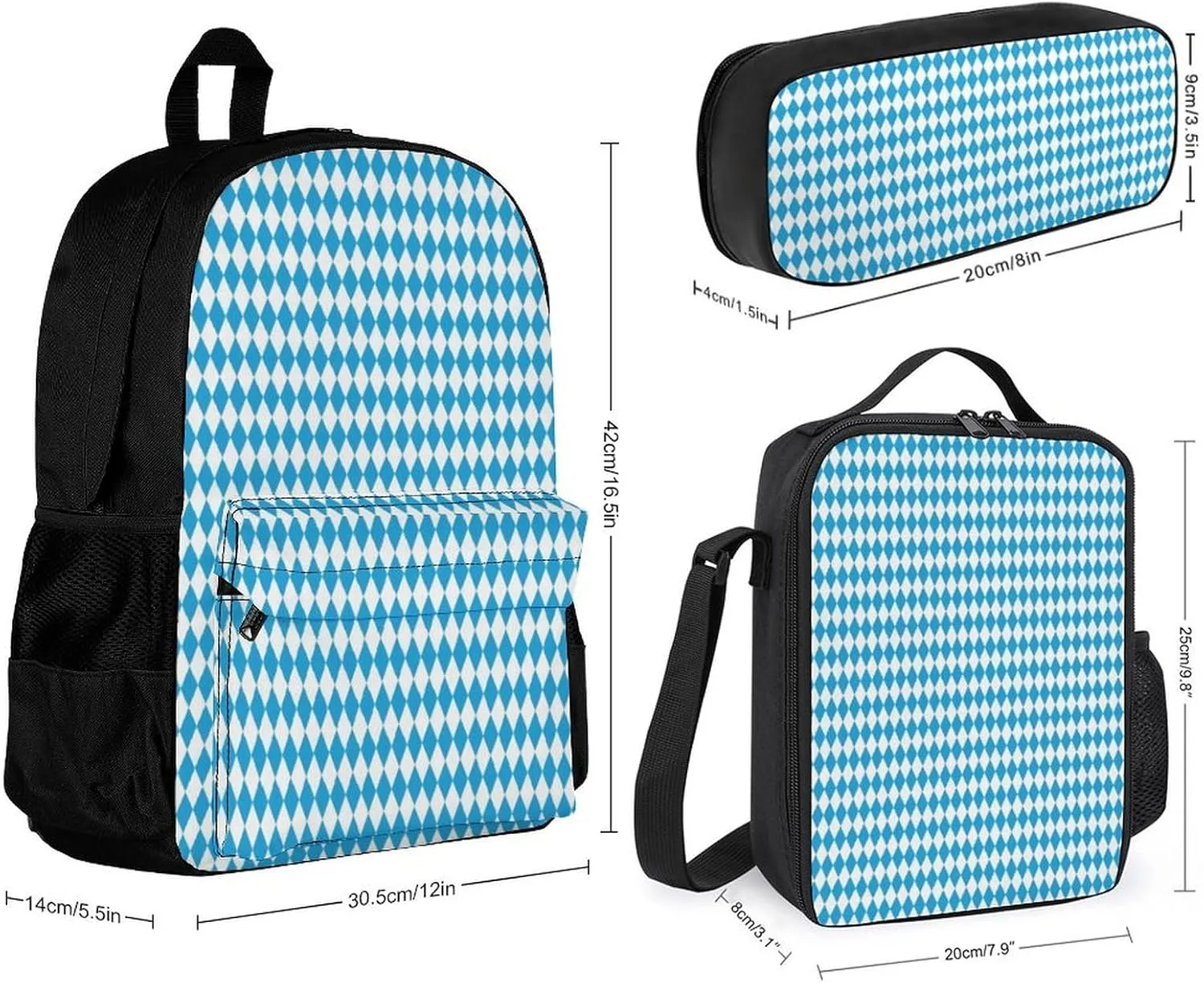 Bavarian Blue And White Lightweight Pocket Backpack Crossbody Lunch Bag Set Unisex