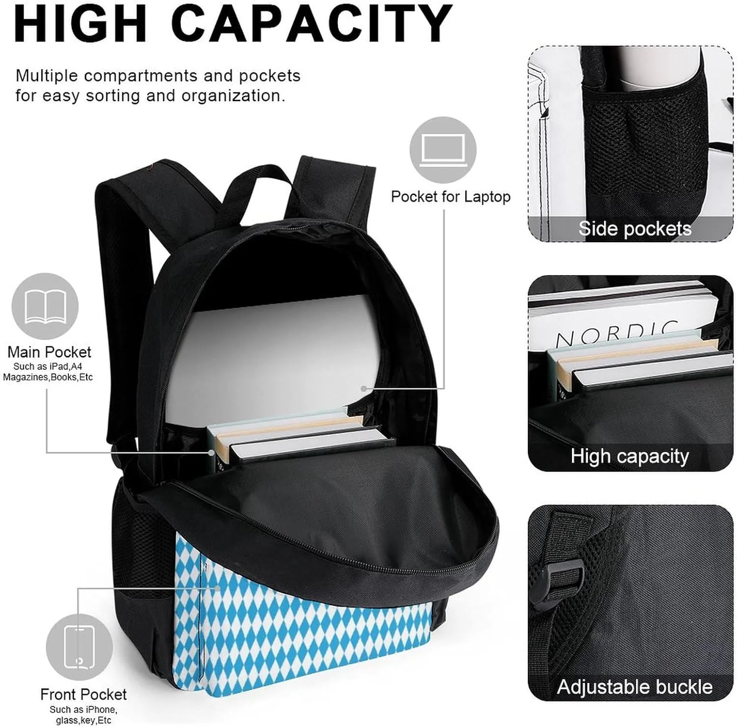 Bavarian Blue And White Lightweight Pocket Backpack Crossbody Lunch Bag Set Unisex