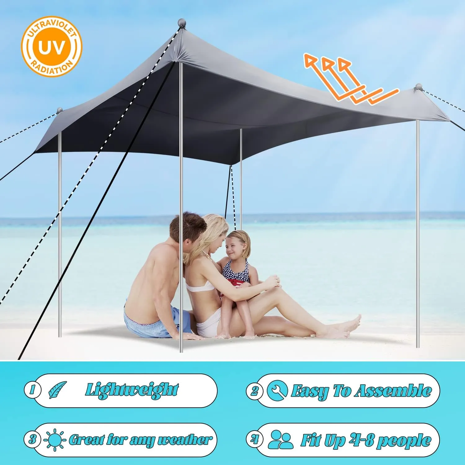 Beach Tent Sun Shelter UPF50  with Sand Shovel, Ground Pegs and Stability Poles