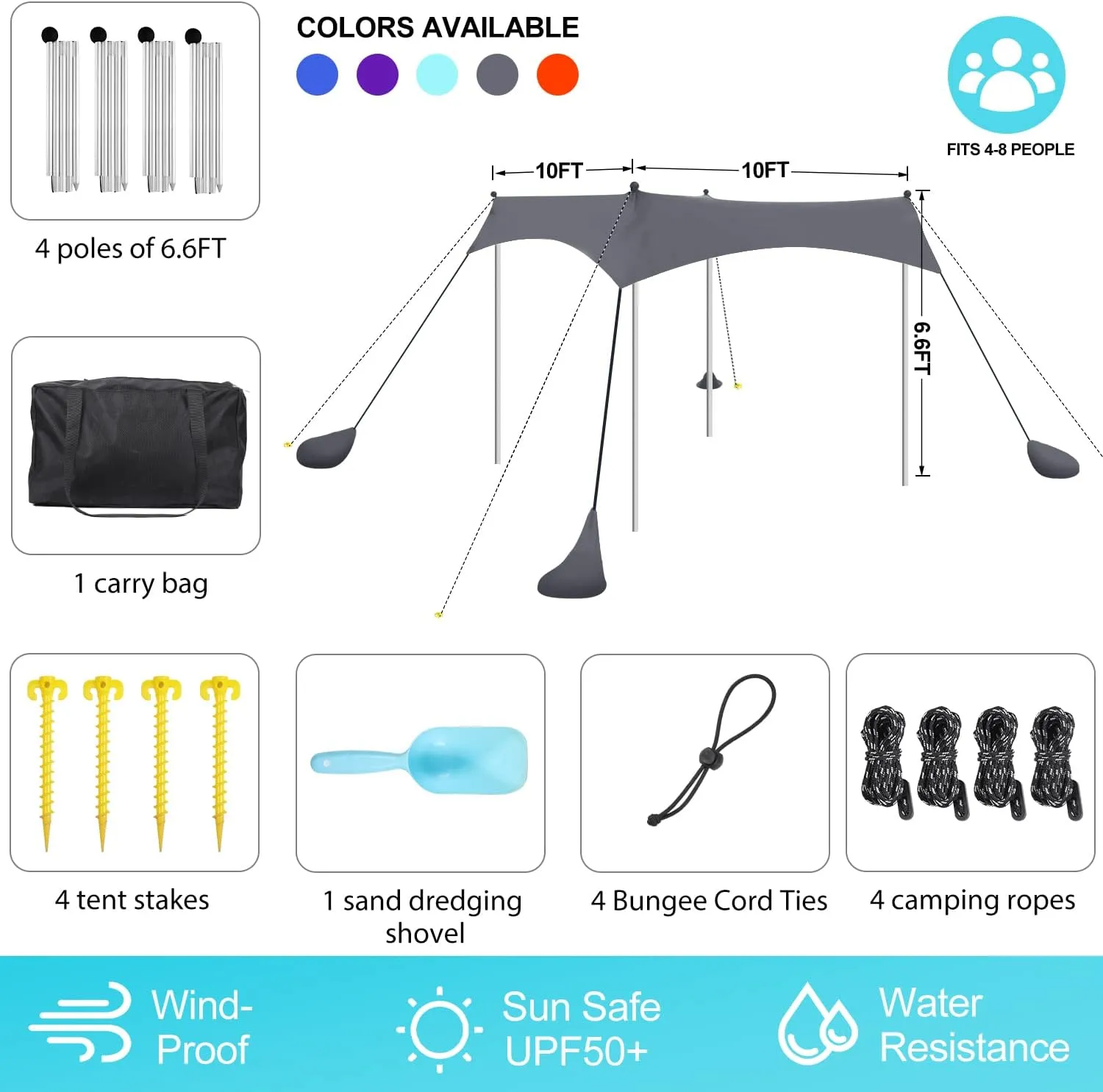 Beach Tent Sun Shelter UPF50  with Sand Shovel, Ground Pegs and Stability Poles