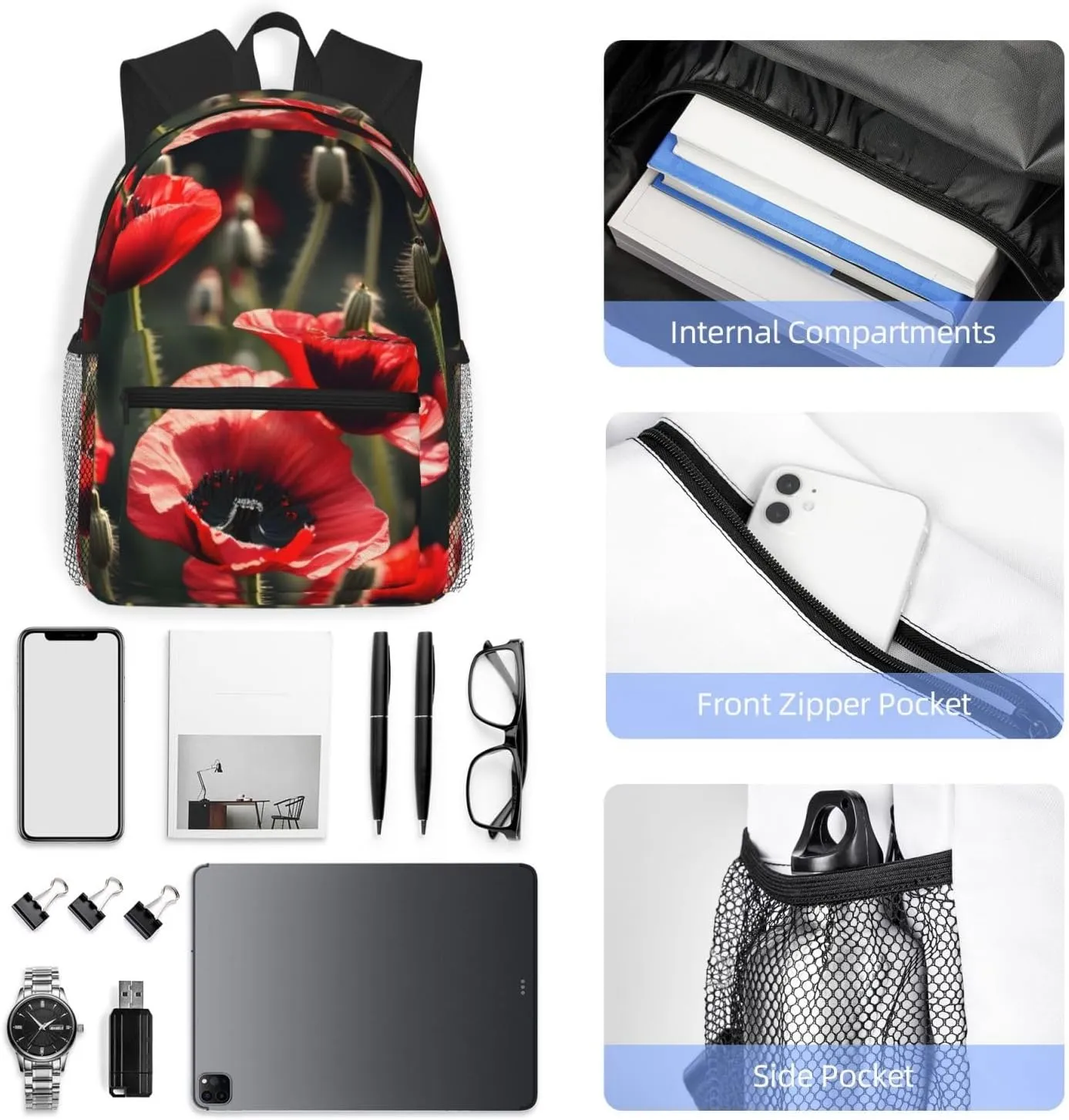 Beautiful Red Poppy Flower Print Comfortable Backpack,Your Essential Casual Travel Bag For Outdoor Adventures