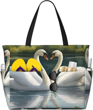 Beautiful White Swans on The Lake Print Generic Large Capacity Beach Travel Bag - Swim Backpack/Family- Pool Accessories
