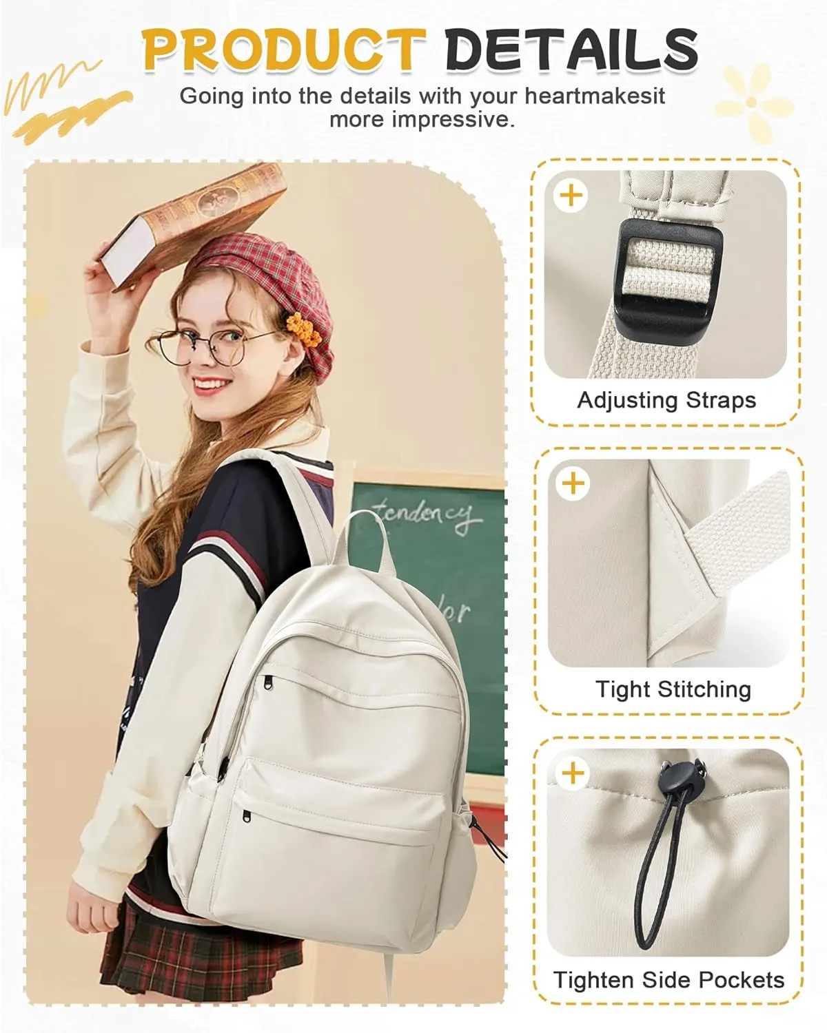 Beige Cute School Backpack with Laptop Compartment Small Travel Laptop Backpack for Women Men Waterproof College Backpack Simple School Bag for Teens Girls Boys
