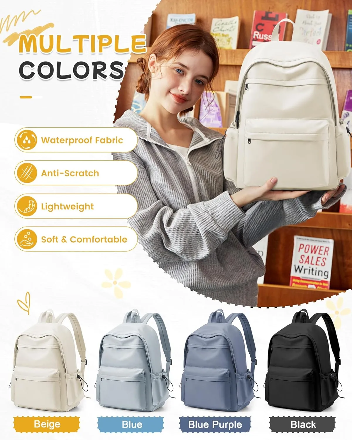 Beige Cute School Backpack with Laptop Compartment Small Travel Laptop Backpack for Women Men Waterproof College Backpack Simple School Bag for Teens Girls Boys