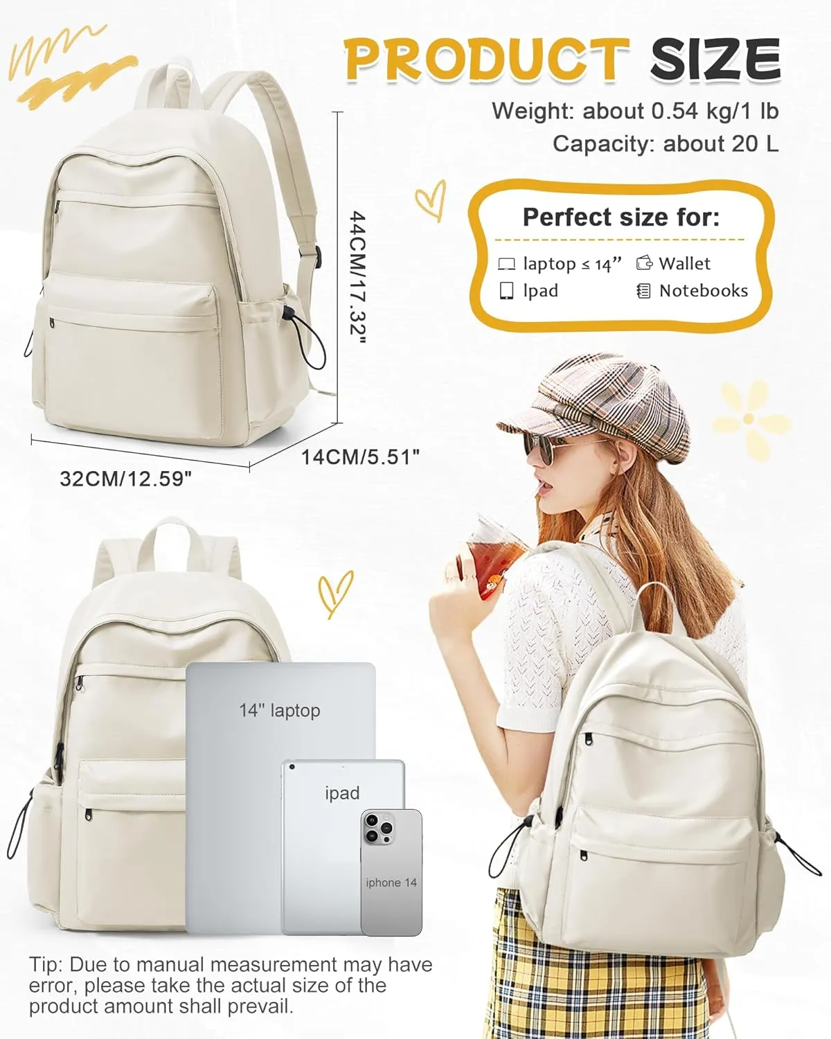 Beige Cute School Backpack with Laptop Compartment Small Travel Laptop Backpack for Women Men Waterproof College Backpack Simple School Bag for Teens Girls Boys