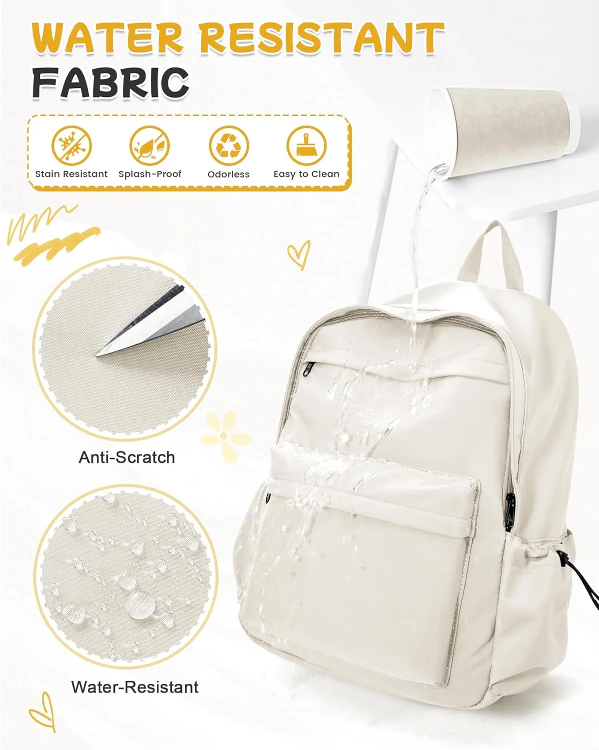 Beige Cute School Backpack with Laptop Compartment Small Travel Laptop Backpack for Women Men Waterproof College Backpack Simple School Bag for Teens Girls Boys
