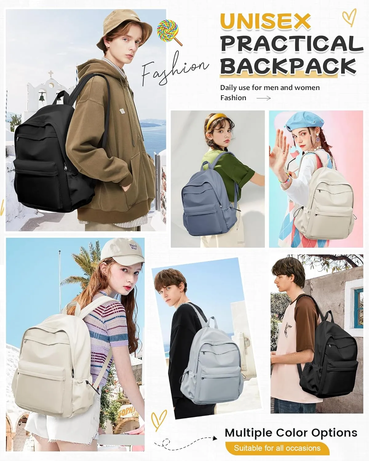 Beige Cute School Backpack with Laptop Compartment Small Travel Laptop Backpack for Women Men Waterproof College Backpack Simple School Bag for Teens Girls Boys