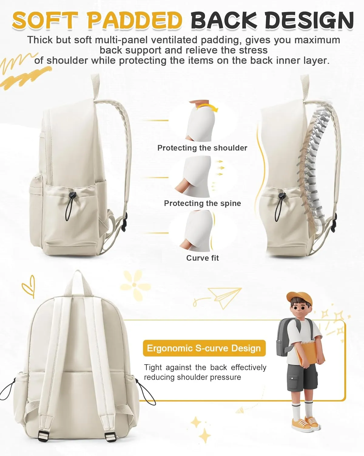 Beige Cute School Backpack with Laptop Compartment Small Travel Laptop Backpack for Women Men Waterproof College Backpack Simple School Bag for Teens Girls Boys