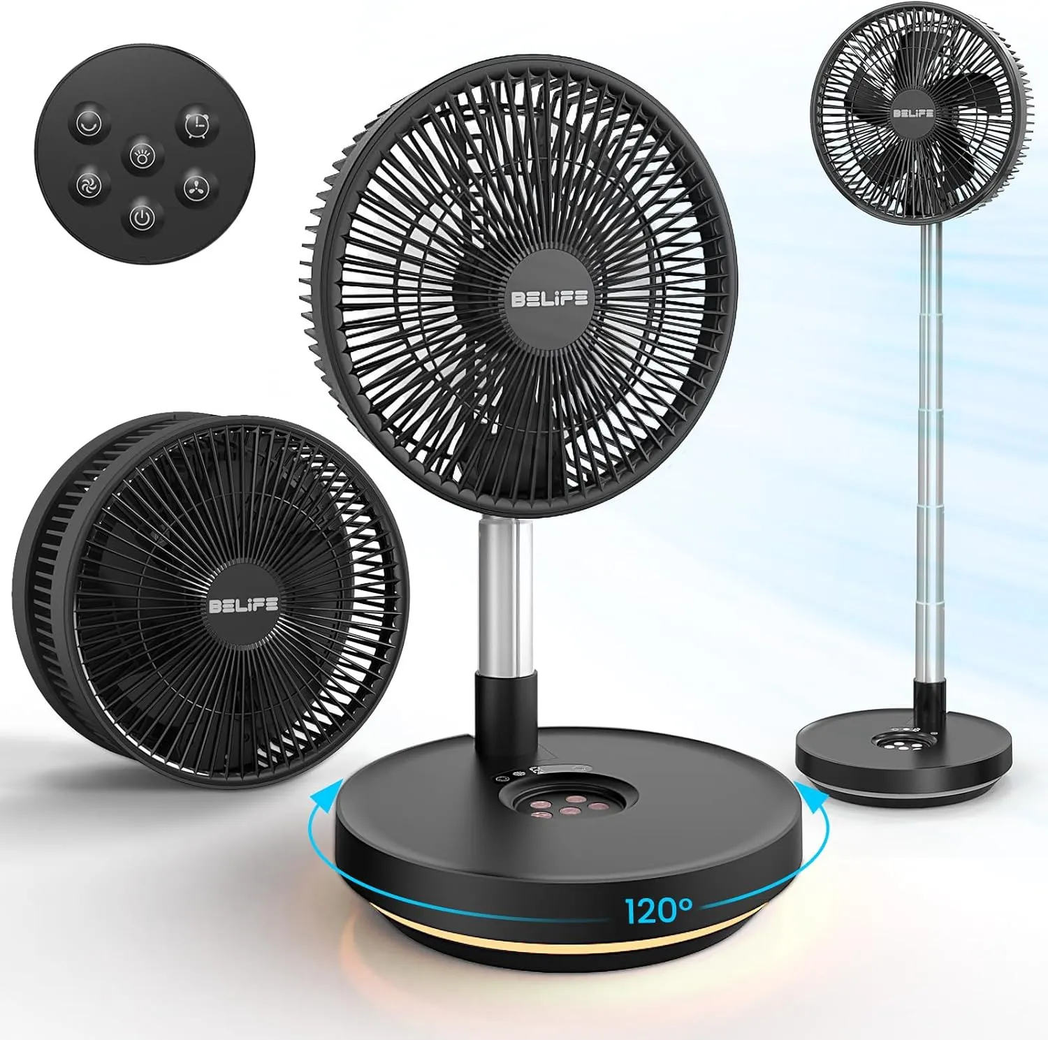 Belife X10 Portable Fan, Cordless Battery Powered Fan, USB Fan Rechargeable Oscillating Desk Floor Fan with Remote & Timer & Light Foldable for Home Bedroom Travel Camping, 7200mAh, 10inch (Black)