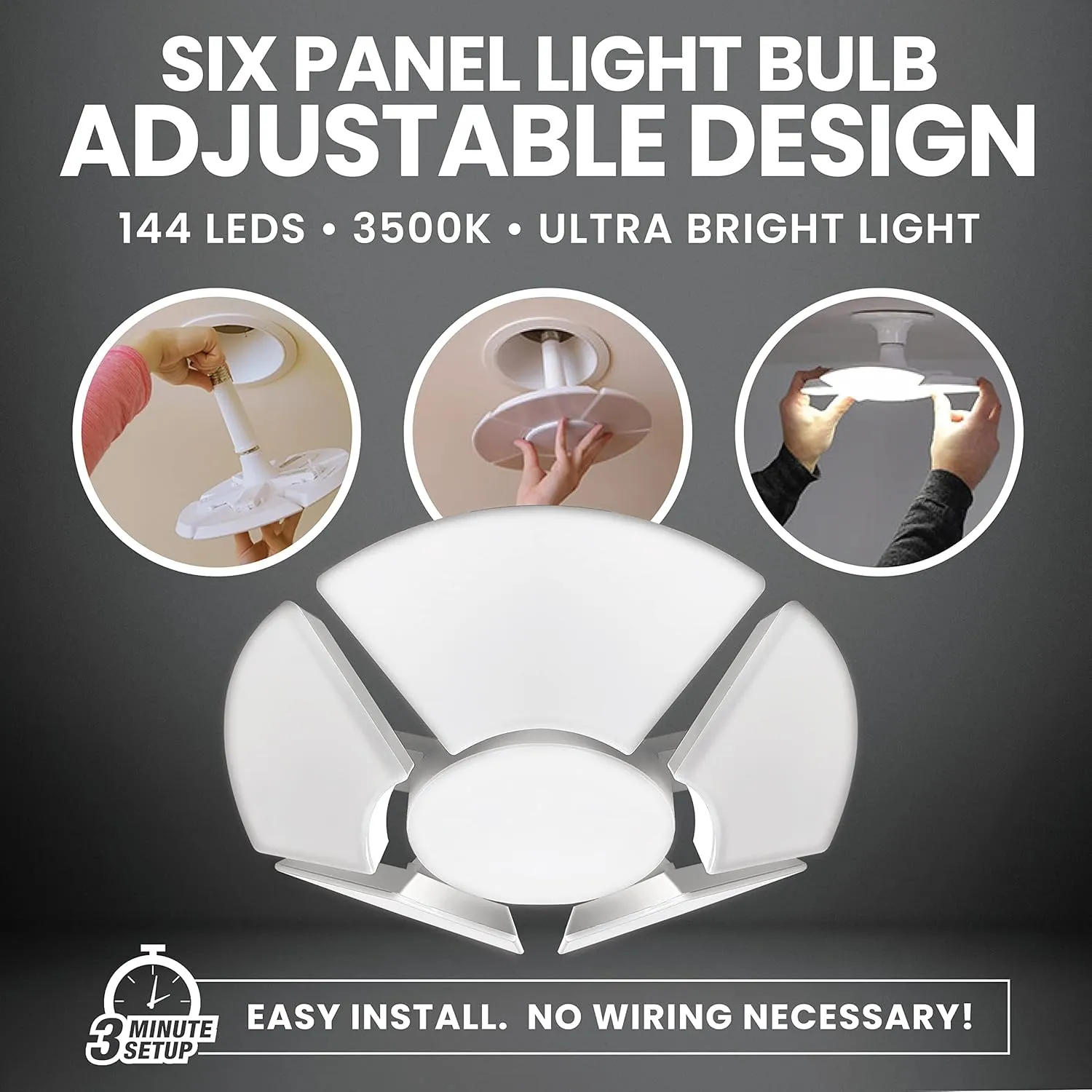 Bell Howell Hex Bulb E26 LED Garage Light 6 Panel Deformable Shop Light Ceiling Light High-Intensity Lighting with 144 LED Bulbs for Attic, Basements, Office, Garage Lights