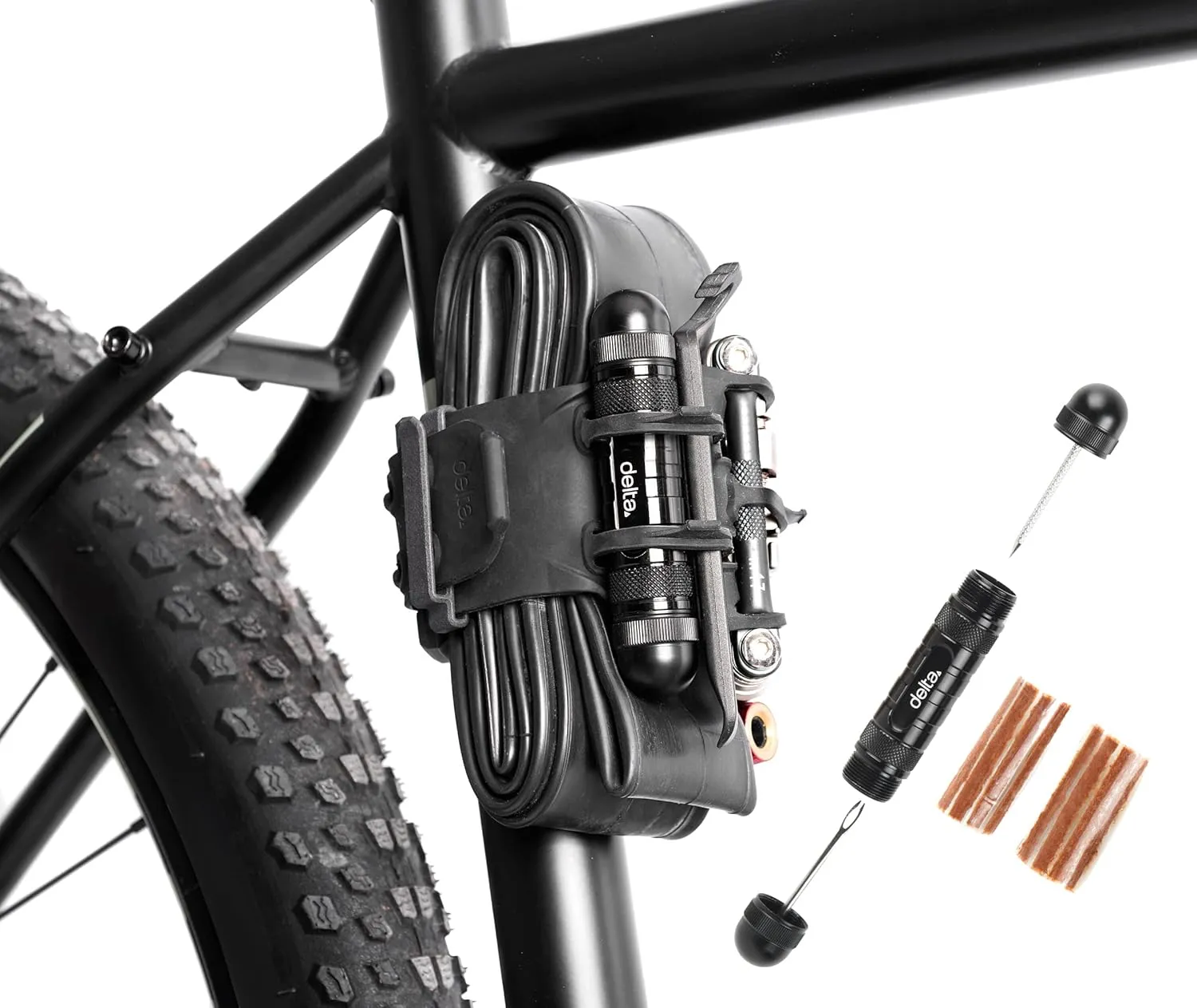 Bike Frame Carrier Strap MTB with Tire Plugger Kit, Stwap by Delta Cycle, Mountain Bike Strap with Integrated Storage Loops for CO2 Inflator, Tubes, Bike Tool Kit and More
