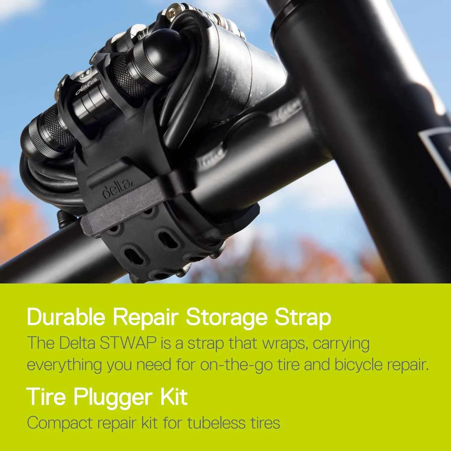 Bike Frame Carrier Strap MTB with Tire Plugger Kit, Stwap by Delta Cycle, Mountain Bike Strap with Integrated Storage Loops for CO2 Inflator, Tubes, Bike Tool Kit and More