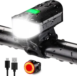 Bike Lights Set 1500LM USB Rechargeable Bicycle Headlight & Tail Light Waterproof 5 Lighting Modes Fits Bicycles for Road and Mountain