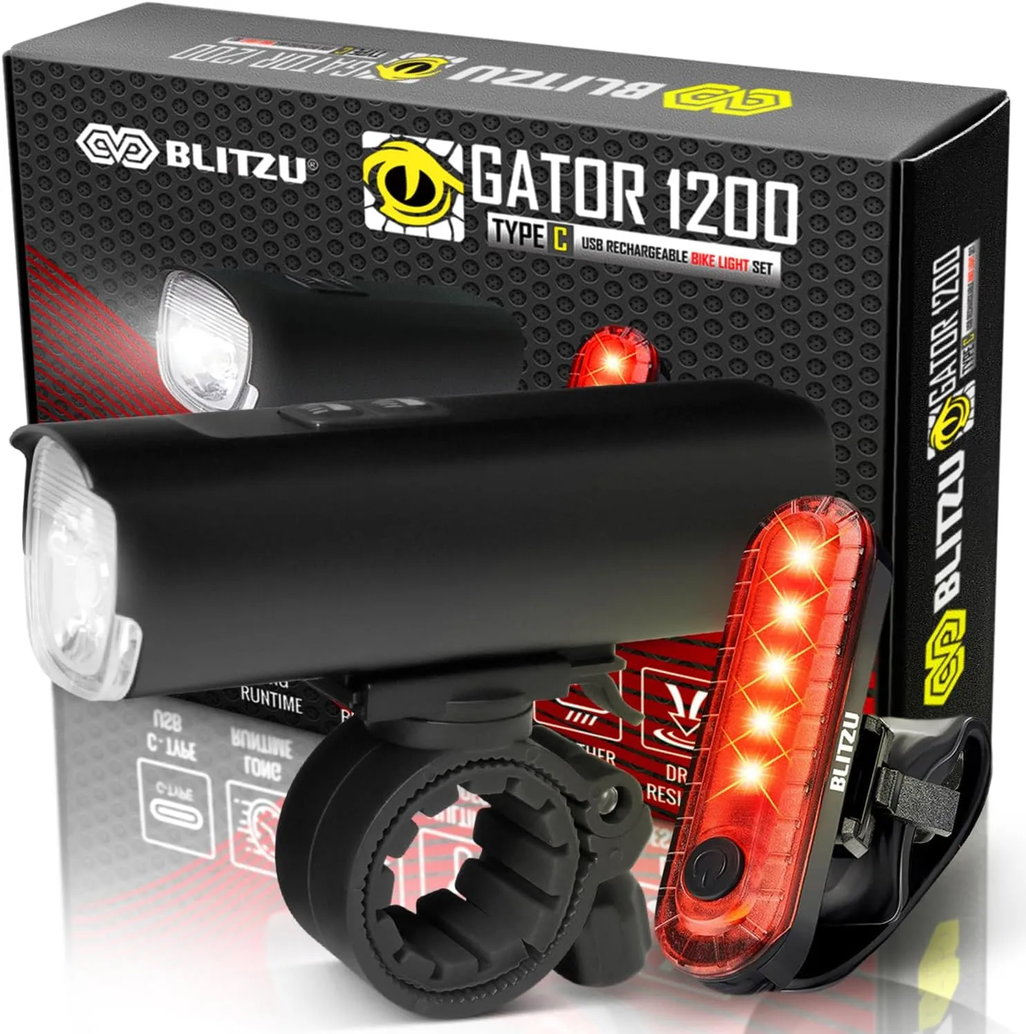 Bike Lights USB-C Rechargeable Bicycle Light Set Gator 1200 Lumens Super Bright, 7 4 Modes Headlight & Taillight, Waterproof Front & Back Rear Light for Night Riding Cycling Safety Long Battery Life.