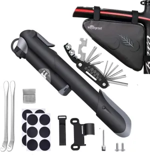 Bike Tire Repair Tool Kit, Waterproof Frame Triangle Bag & Mini Pump &16 In 1 Multifunctional Lever Self-Adhesive Tube Patch Portable Set for Road Mountain BMX black Small