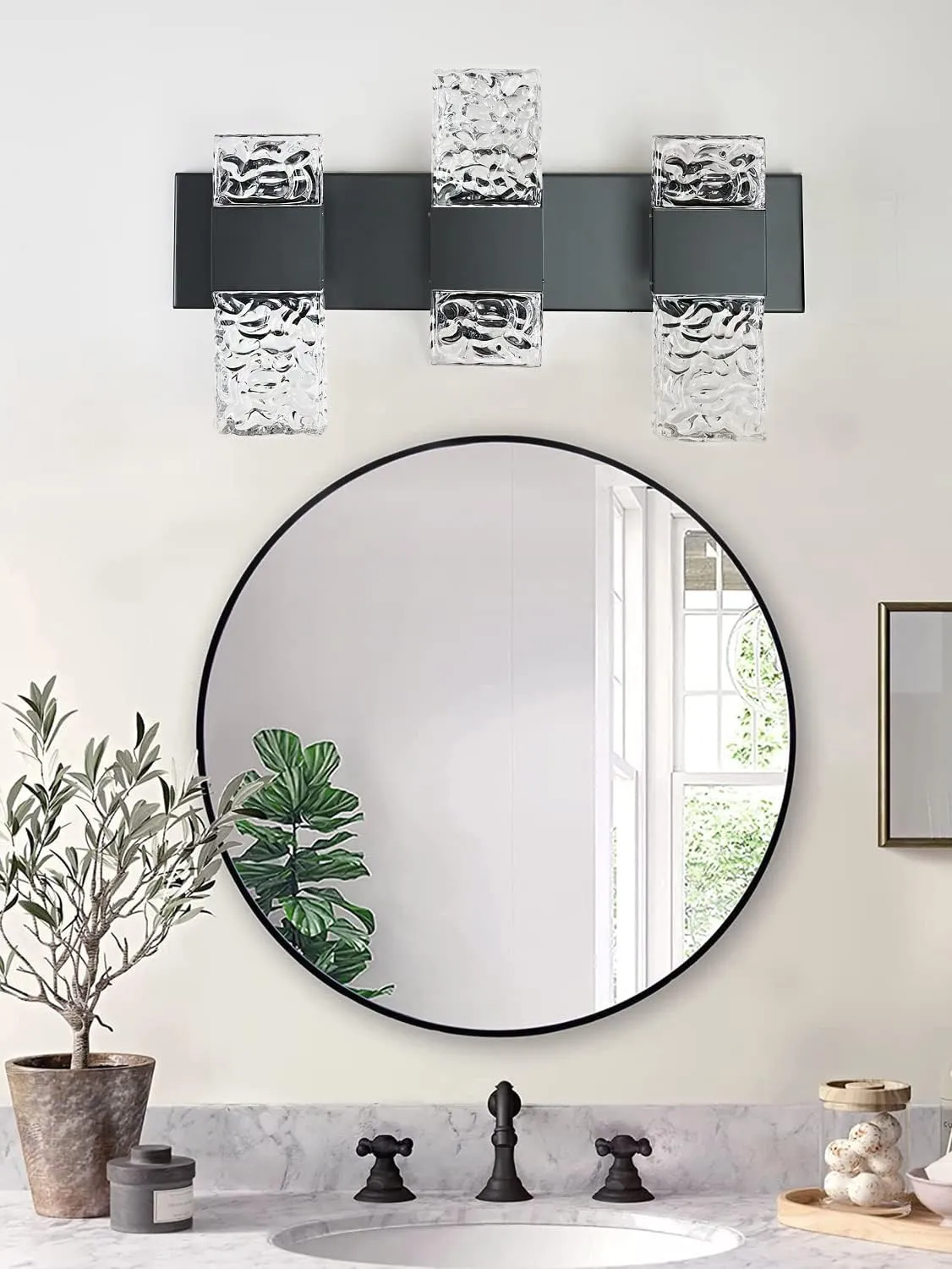 Black Bathroom Light Fixtures Crystal Bathroom Vanity Light 3 Light Over Mirror Modern LED Wall Light for Bathroom，6000K Cool Light，30 Watts