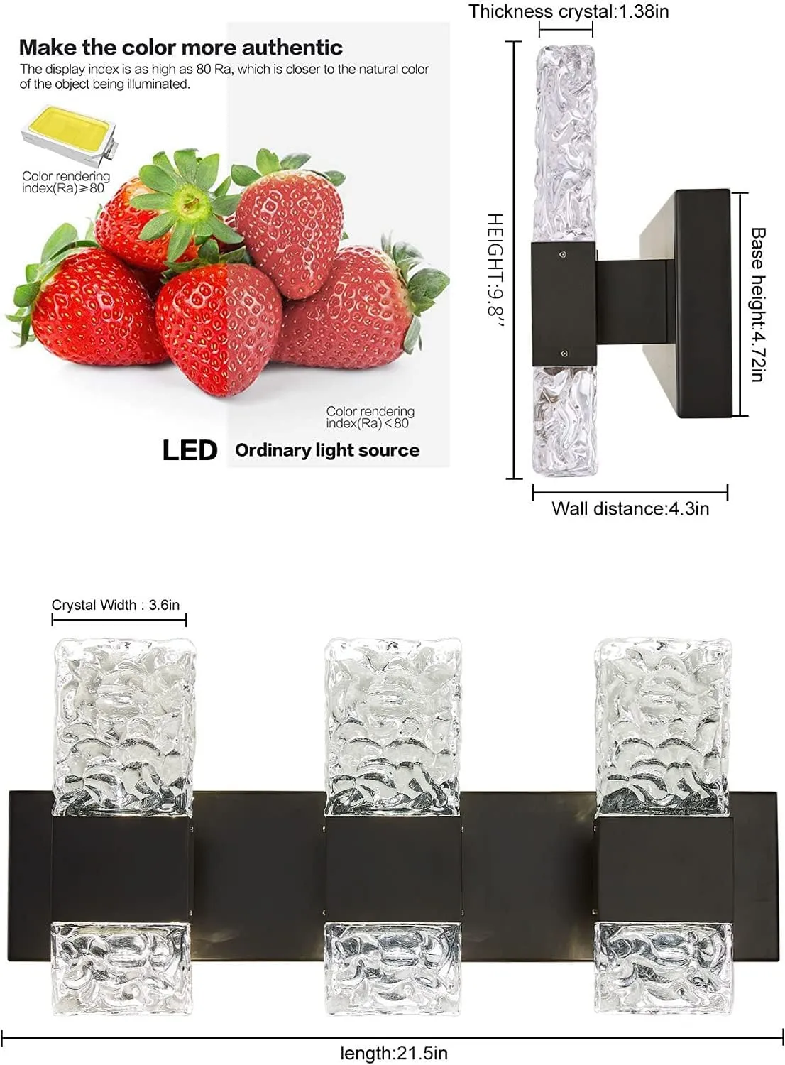 Black Bathroom Light Fixtures Crystal Bathroom Vanity Light 3 Light Over Mirror Modern LED Wall Light for Bathroom，6000K Cool Light，30 Watts