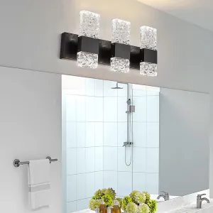 Black Bathroom Light Fixtures Crystal Bathroom Vanity Light 3 Light Over Mirror Modern LED Wall Light for Bathroom，6000K Cool Light，30 Watts