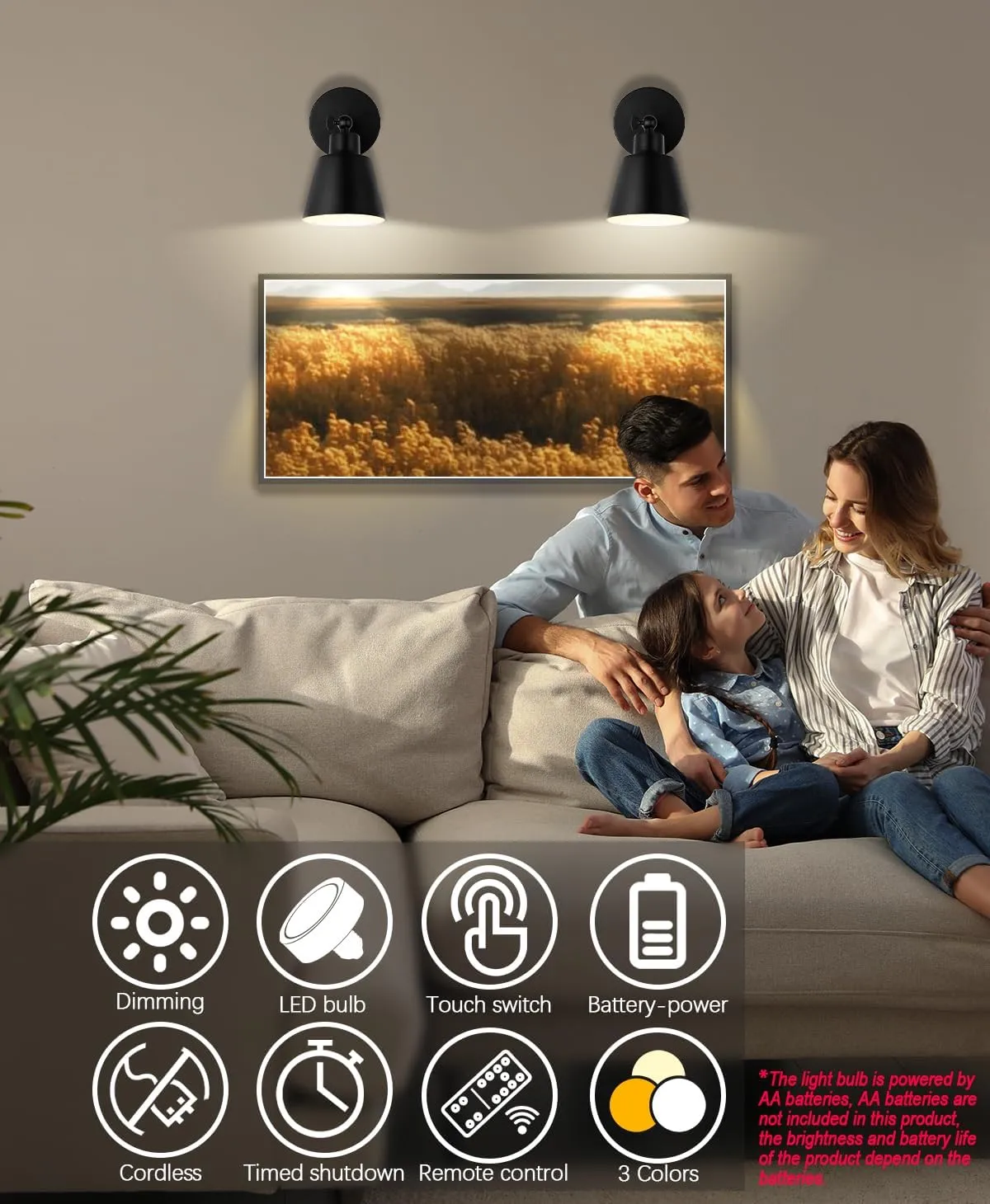 Black Battery Operated Wall Sconce Set of Two, Easy to Install Wireless Lights for Wall, Remote Control Dimmable LED Lights, Auto Timer Wall Lamp Fixtures for Bedroom, Gallery, Living Room, RV